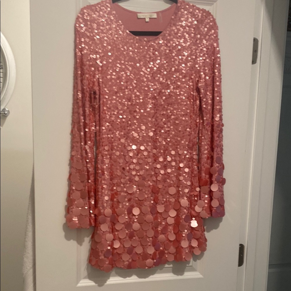 LoveShackFancy Gold and Pink Sequin Sheath Dress